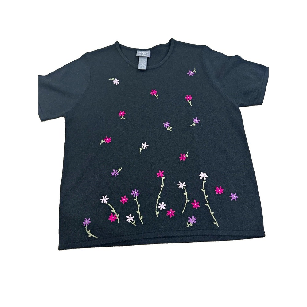 Designers Originals Women's L Black Knit Pullover Crew Neck Embroidered Floral